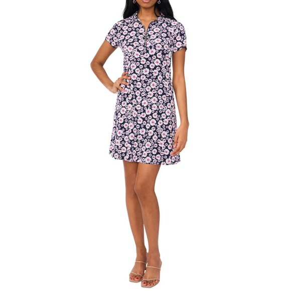 MSK Dresses & Skirts - MSK Womens Navy Floral Print Polo Collar Dress XL Short Sleeve Zipper Front Casu